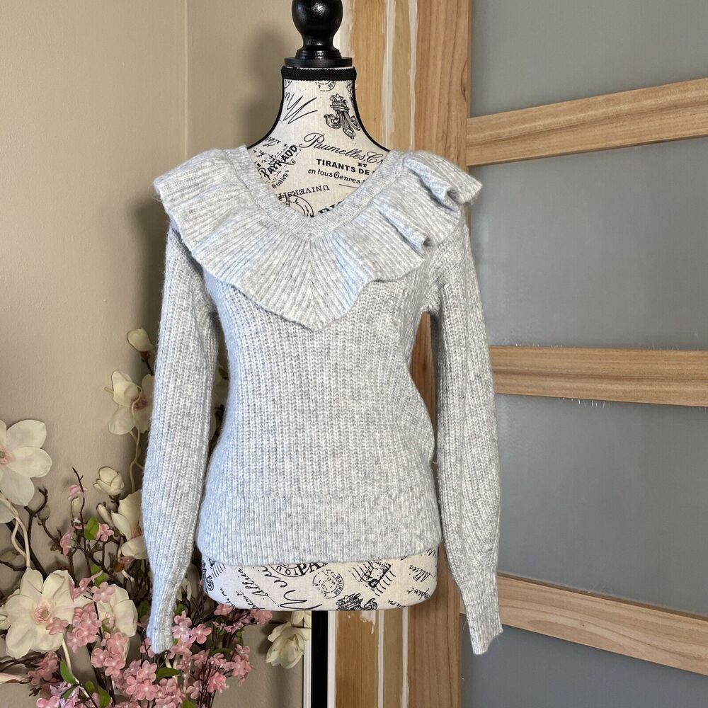 A New Day Women's V-Neck Ruffle Pullover Sweater Gray Drop Shoulders Small